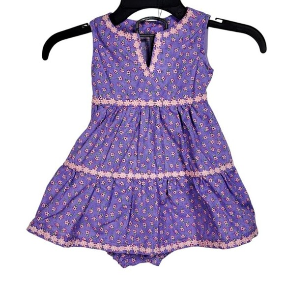 Vintage Purple Calico Floral Rick-Rack Trim Dress and Bloomers Girls Size 24M - Picture 1 of 8